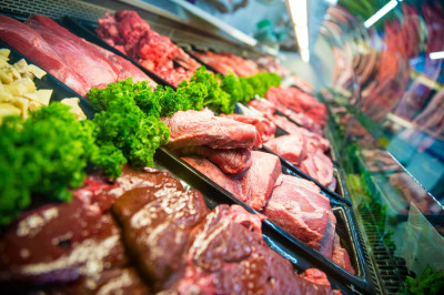 Meat in a grocery display case