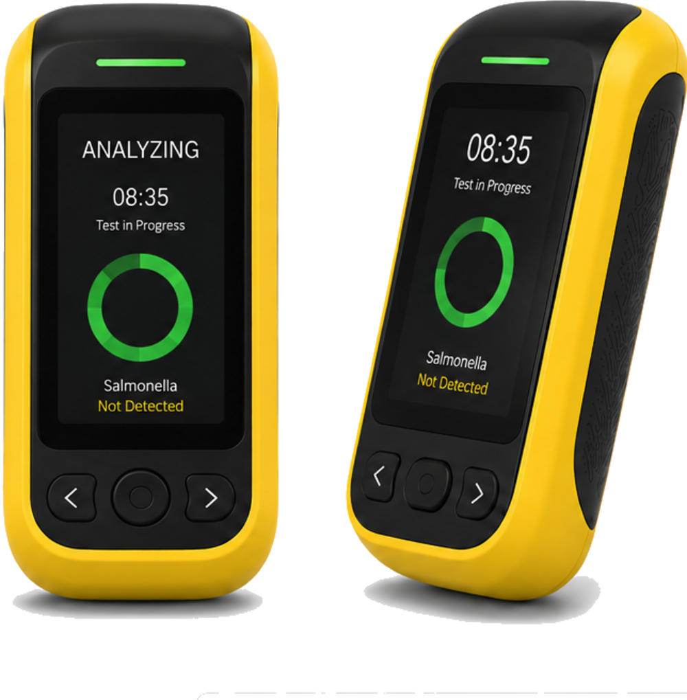 Two RapidBio handheld pathogen detection devices showing test results on screen